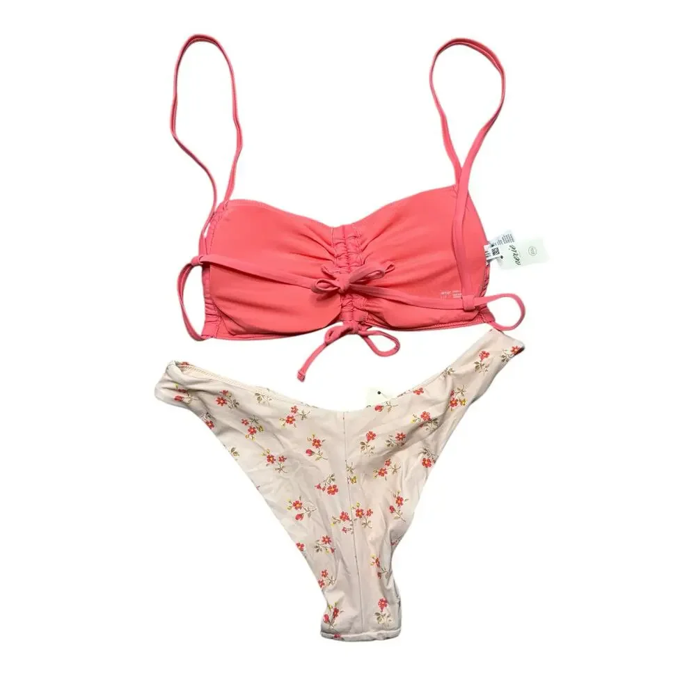 Aerie Two Piece Swimsuit Bikini Bandeau Top Cheeky Bottoms Ditsy Floral Pink S